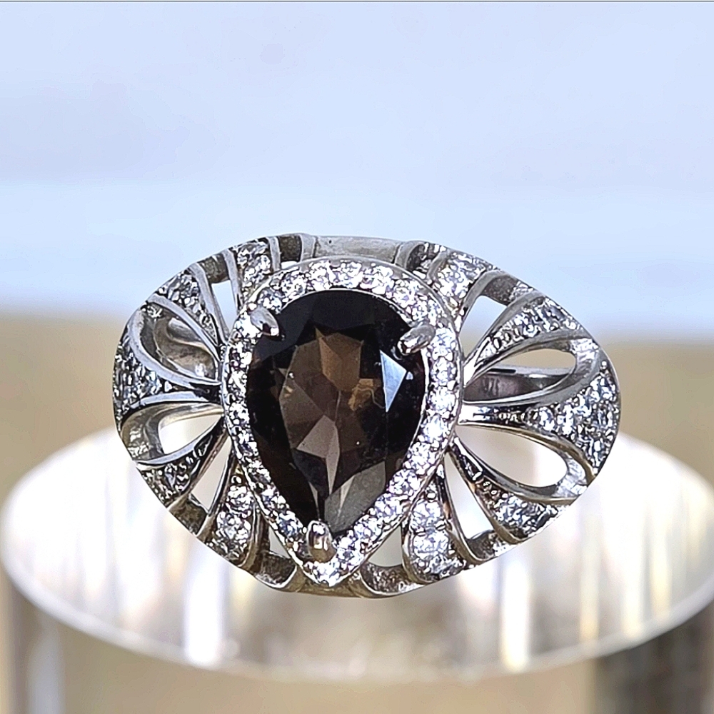 925 Sterling Silver Ring Sz 7 With Natural Smoky Quartz & CZ
